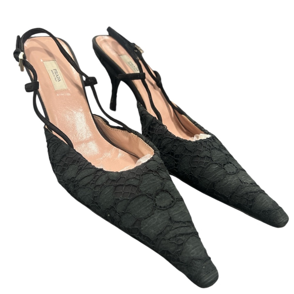 Prada Black Flower Lace Slingback Pumps Lux0** - Picture 2 of 12